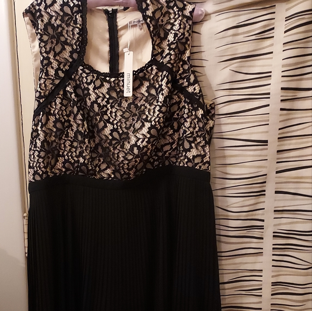 Minuet NWT Elegant Black Lace and Cream Lined Accordion Flare Dress 2X